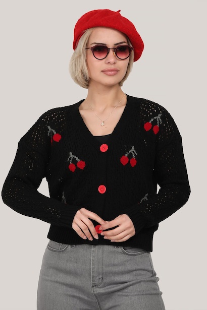 Kadın V Yaka Düğmeli Kiraz Desenli Delikli Triko Hırka