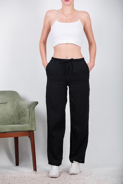 Kadın Bol Paça Keten Pantolon Siyah Siyah 6