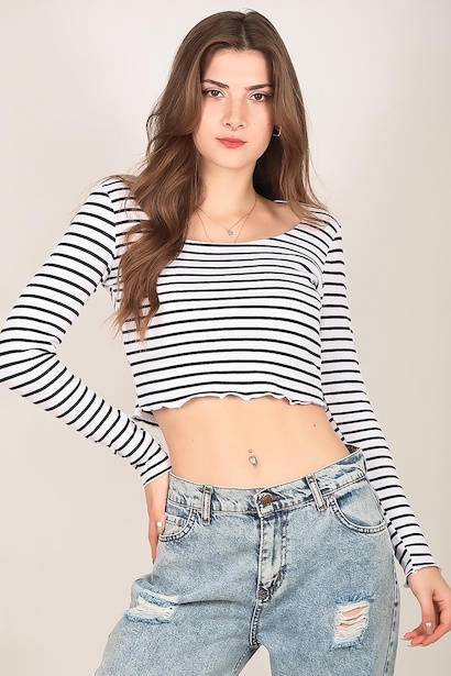 Kadın Çizgili Fitilli Crop Bluz