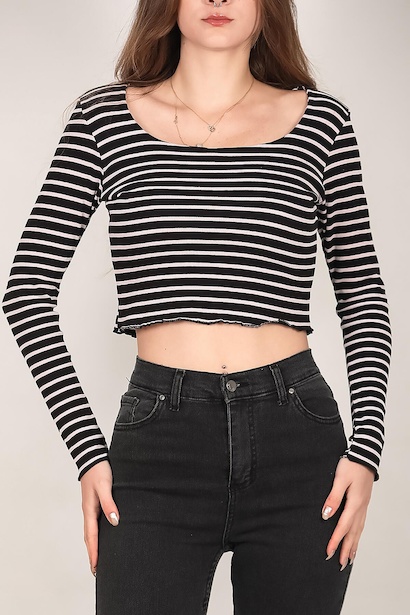 Kadın Çizgili Fitilli Crop Bluz Siyah 6