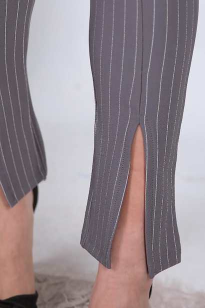 Kadın Çizgili Krep Tayt  Gri 9