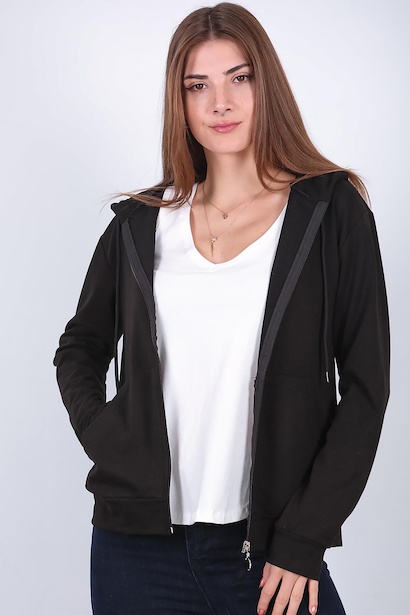Kadın Kapşonlu Fermuarlı Sweat Siyah