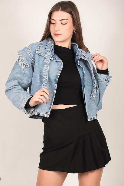 Kadın Omuz Taşlı Crop Kot Ceket Kot 6