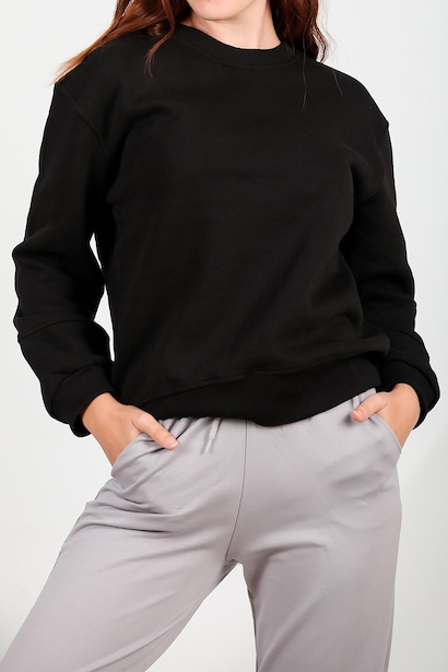 Kadın Üç İplik Kolu Çimalı Sıfır Yaka Sweat