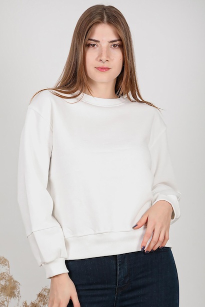 Kadın Üç İplik Kolu Çimalı Sıfır Yaka Sweat