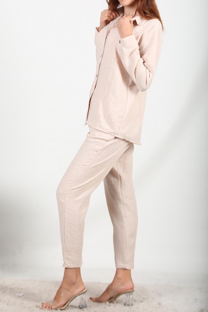 Kadın Keten Gömlek Pantolon Takım Taş 6