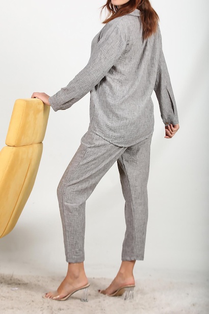 Kadın Keten Gömlek Pantolon Takım Gri 6