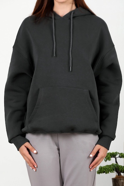 Kadın Üç İplik Kapşonlu Kanguru Cep Sweat Füme 6