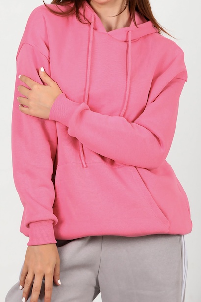Kadın Üç İplik Kapşonlu Kanguru Cep Sweat