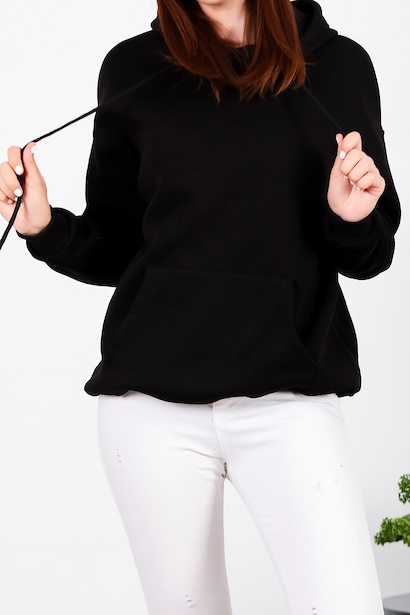 Kadın Üç İplik Kapşonlu Kanguru Cep Sweat Siyah 6