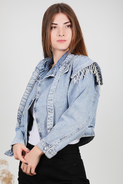 Kadın Omuz Taşlı Kot Ceket