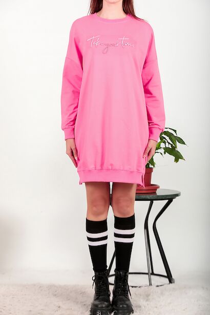 Kadın İki İplik Baskılı Tunik Elbise Pembe 6