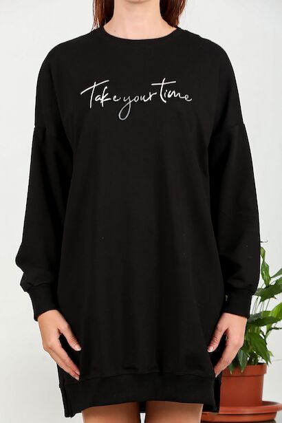 Kadın İki İplik Baskılı Tunik Elbise  Siyah 6