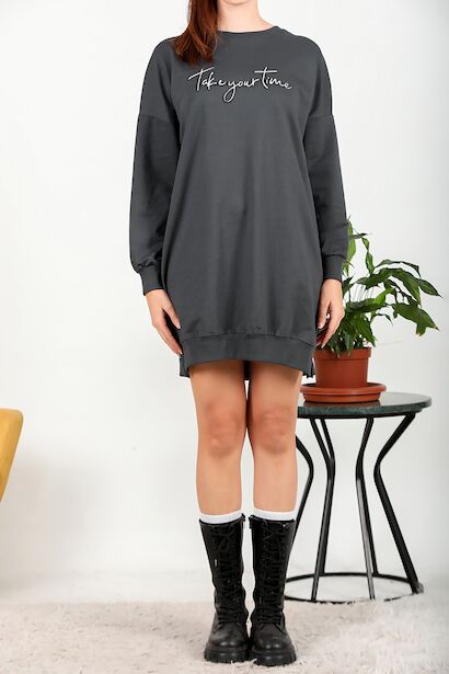 Kadın İki İplik Baskılı Tunik Elbise  Füme 6