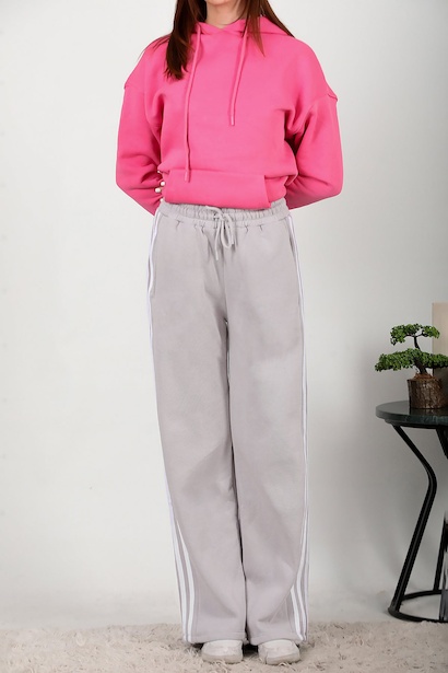 Kadın Üç İplik Biyeli Bol Paça Pantolon Gri 6