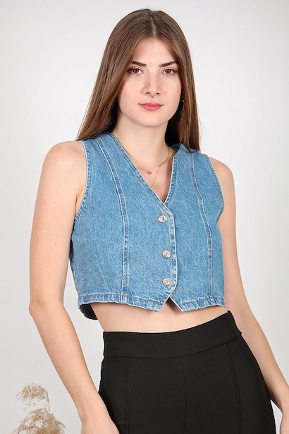 Kadın Ön Düğmeli Kot Yelek