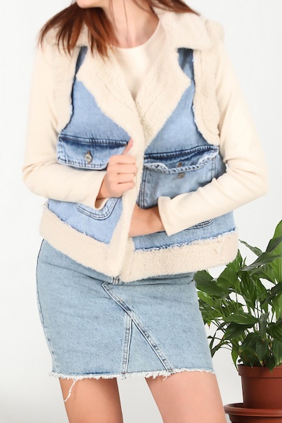 Kadın İçi Kürklü Kot Yelek Kot 6