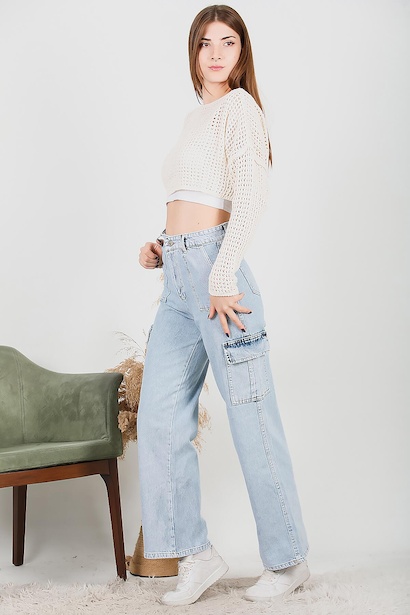 Kadın Kargo Cepli Bol Paça Pantolon Kot