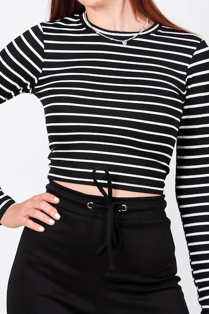 Kadın Sıfır Yaka Kaşkorse Çizgili Bluz