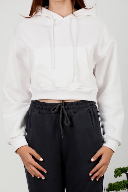 Kadın Üç İplik Kanguru Cepli Kapşonlu Kısa Sweat Ekru 6