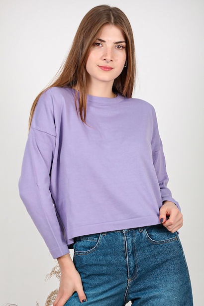 Kadın Bisiklet Yaka Basic Triko Bluz Lila