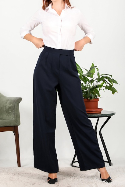 Kadın Cırtlı Bol Paça Pantolon Lacivert 6