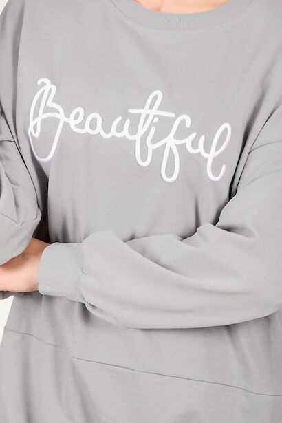 Kadın İki İplik Nakış Garnili Tunik  Gri 6