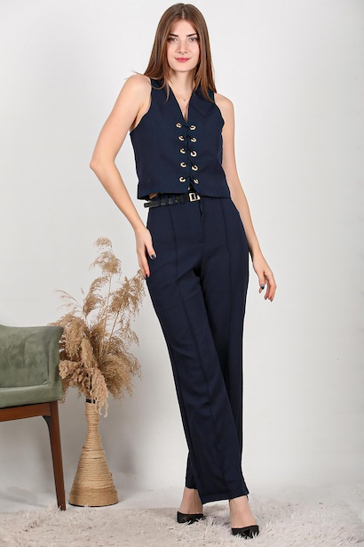 Kadın Kemerli Brit Detay Çimalı Bol Paça Pantolon Lacivert