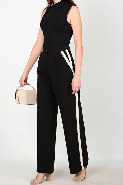 Kadın Biyeli Bol Paça Yan Şeritli Pantolon Siyah