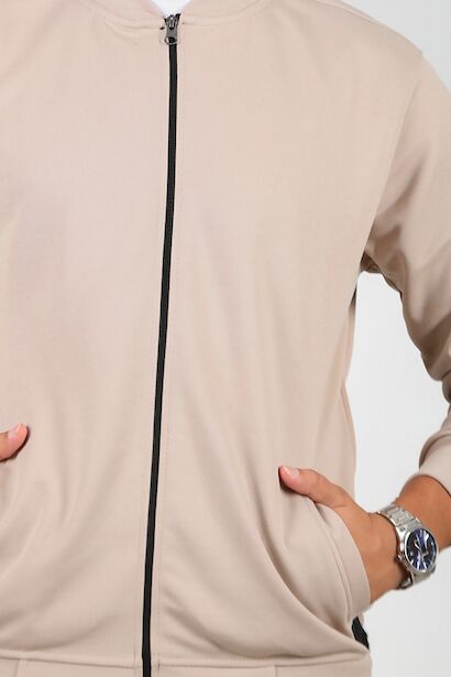 Erkek Fermuarlı Kolej Ceket  Bej 6