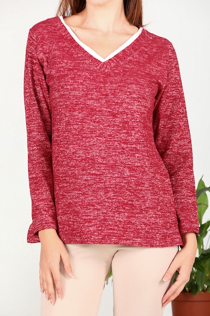 Kadın V Yakalı Bluz Bordo Bordo 6