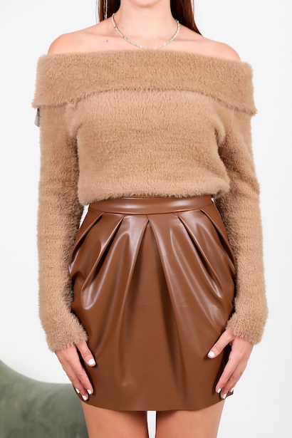 Kadın Madonna Yaka Yumoş Bluz Vizon 6