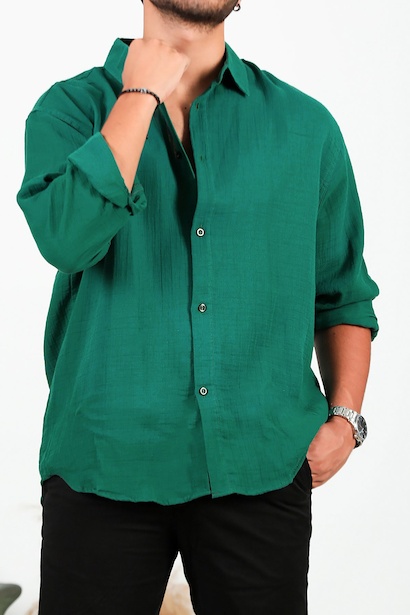 Erkek Uzun Kol Keten Gömlek Yeşil 6