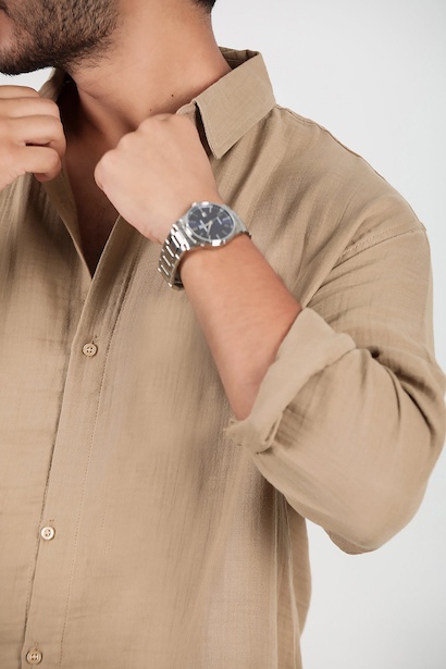 Erkek Oversize Uzun Kol Gömlek Bej 6