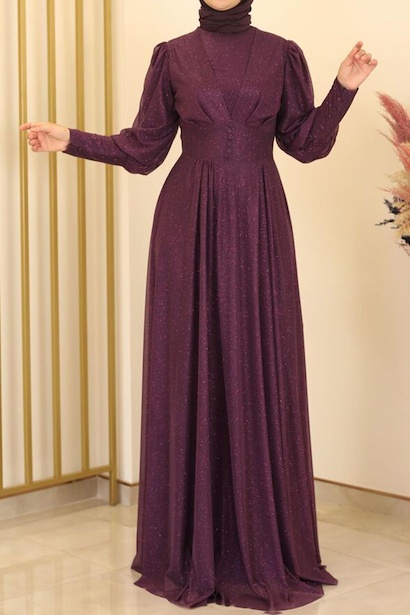 Kadın Balon Kol Uzun Simli Abiye