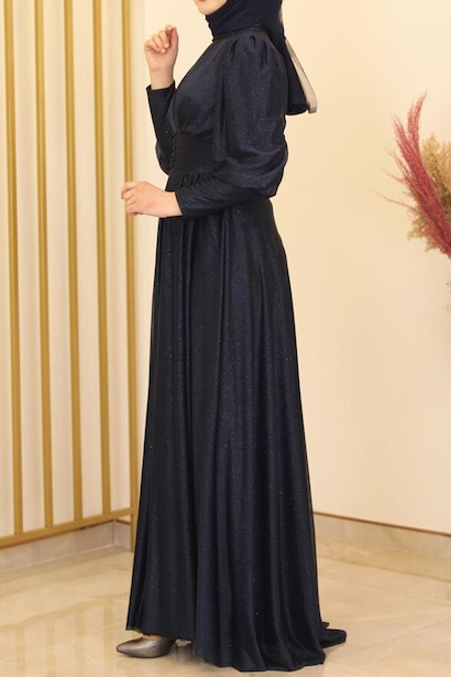 Kadın Balon Kol Uzun Simli Abiye Lacivert 4