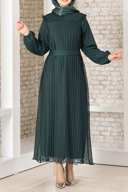 Kadın Robalı Boydan Pileli Tül Abiye