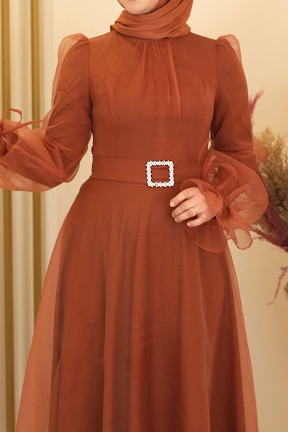 Kadın Uzun Tül Abiye Kiremit 2