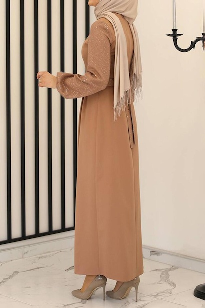 Kadın Kolları Pullu Uzun Abiye Vizon 4