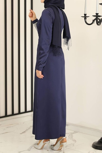 Kadın Pullu Uzun Abiye Lacivert 4