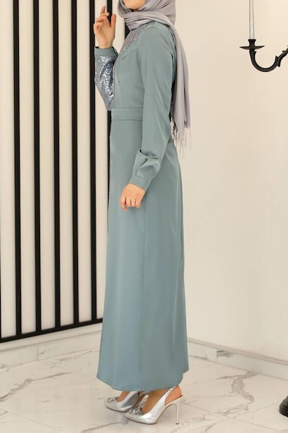 Kadın Pullu Uzun Abiye Çağla Yeşili 4