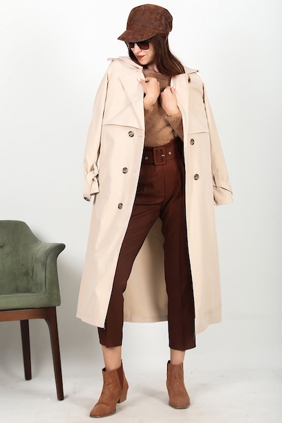 Kadın Bel Kuşaklı Düğmeli Trençkot Krem