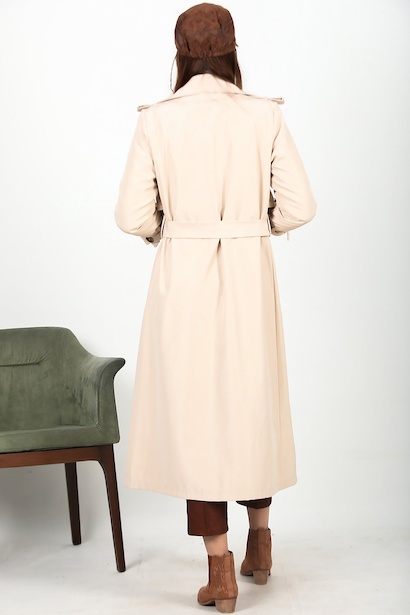 Kadın Bel Kuşaklı Düğmeli Trençkot Krem Krem 6