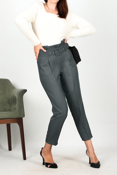 Kadın Kemerli  Havuç Pantolon Gri