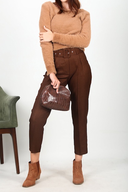 Kadın Kemerli  Havuç Pantolon Kahverengi