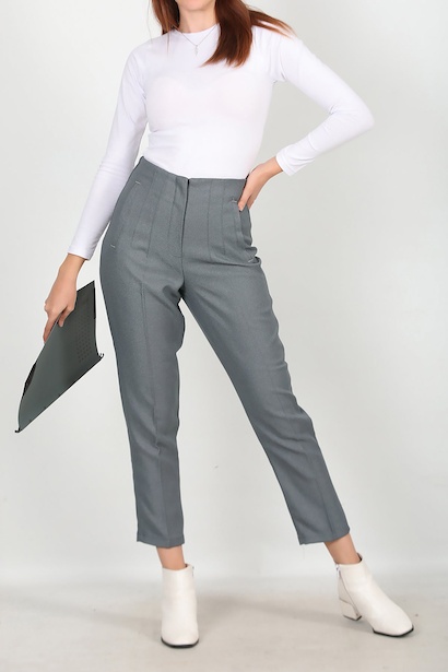Kadın Yüksek Bel Bilek Boy Pantolon Gri
