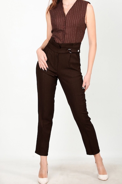 Kadın Kendinden Kemerli Pantolon Kahverengi