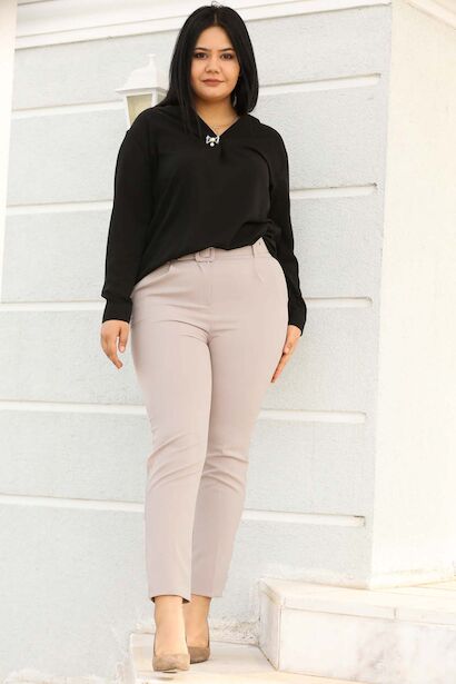 Büyük Beden Kemerli Pantolon  Krem 6