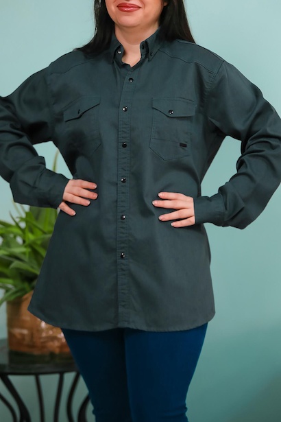 Büyük Beden Çıt Çıt Düğmeli Önden Cepli Gömlek Petrol