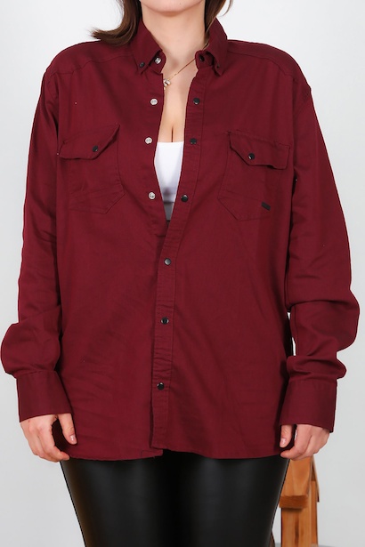 Büyük Beden Çıt Çıt Düğmeli Önden Cepli Gömlek Bordo Bordo 6